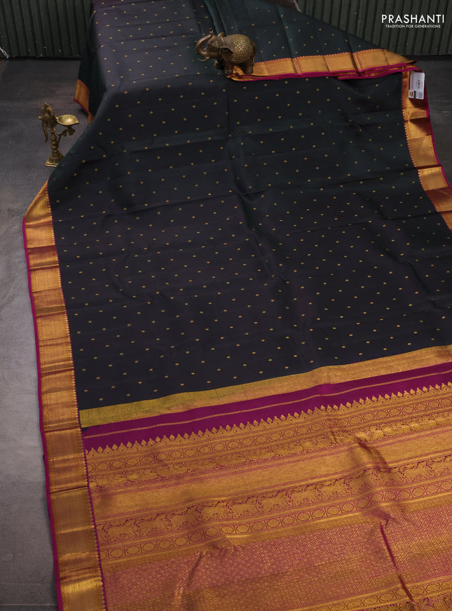 Pure kanchipuram silk saree bottle green and pink with allover zari woven buttas and zari woven border