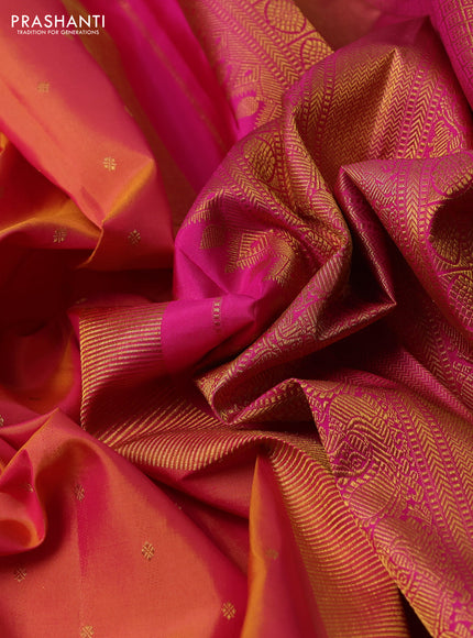 Pure kanchipuram silk saree dual shade of pinkish orange and pink with allover zari woven buttas and zari woven border