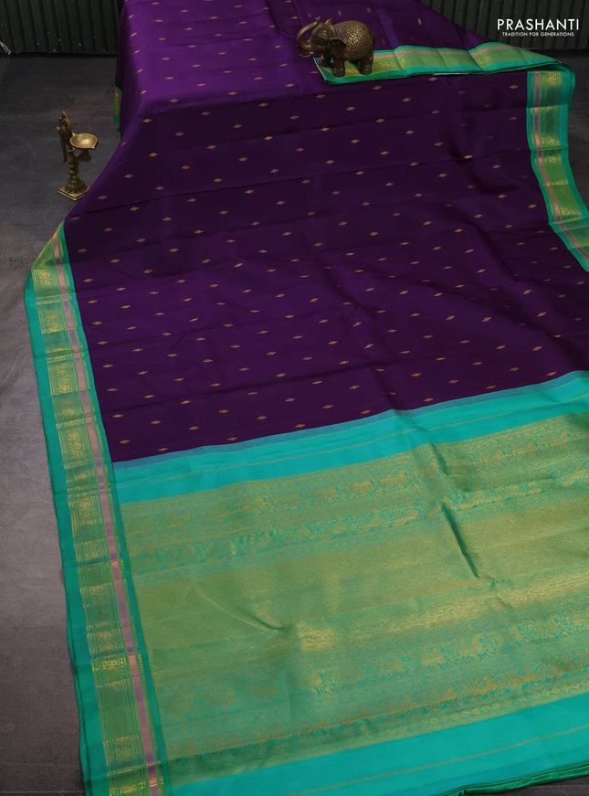 Pure kanchipuram silk saree violet and teal green with allover zari woven buttas and zari woven border