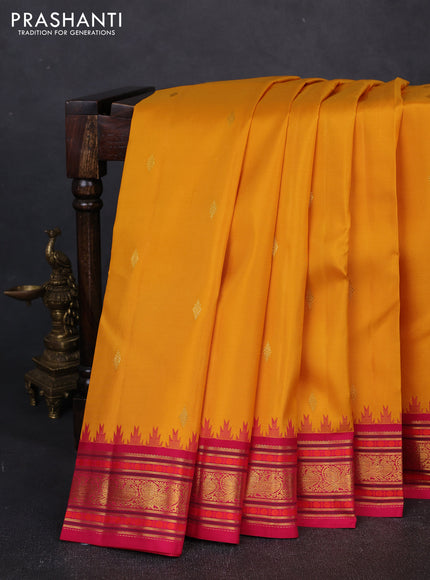 Pure kanchipuram silk saree yellow and pink with zari woven buttas and temple design zari woven border