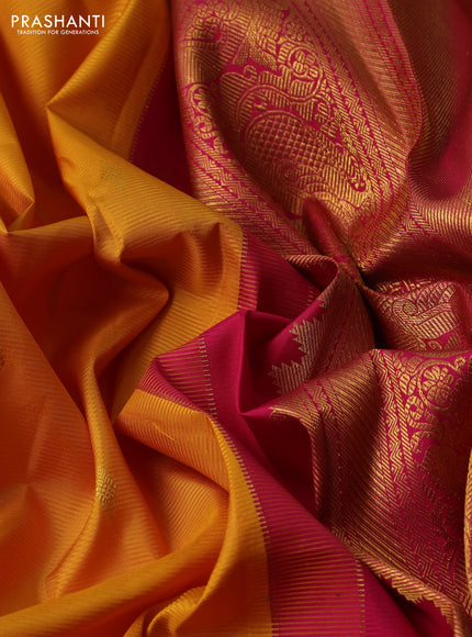 Pure kanchipuram silk saree yellow and pink with zari woven buttas and temple design zari woven border