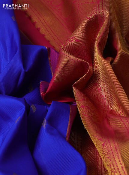 Pure kanchipuram silk saree royal blue and pink with zari woven buttas and temple design zari woven border