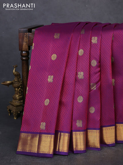 Pure kanchipuram silk saree pink and violet with allover self emboss & zari woven buttas and zari woven border