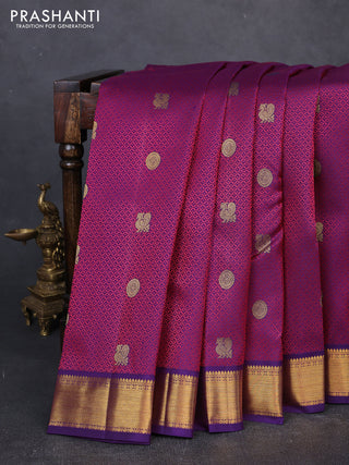 Pure kanchipuram silk saree pink and violet with allover self emboss & zari woven buttas and zari woven border