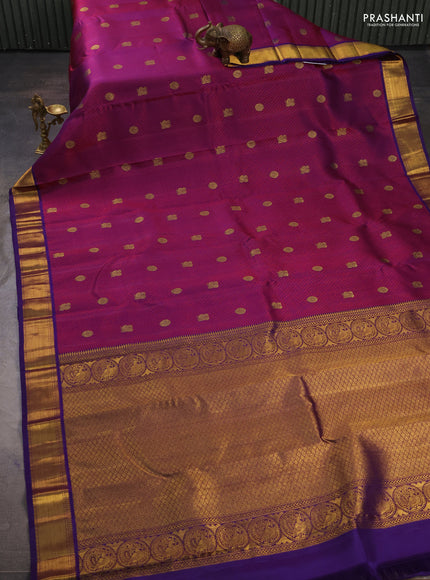 Pure kanchipuram silk saree pink and violet with allover self emboss & zari woven buttas and zari woven border