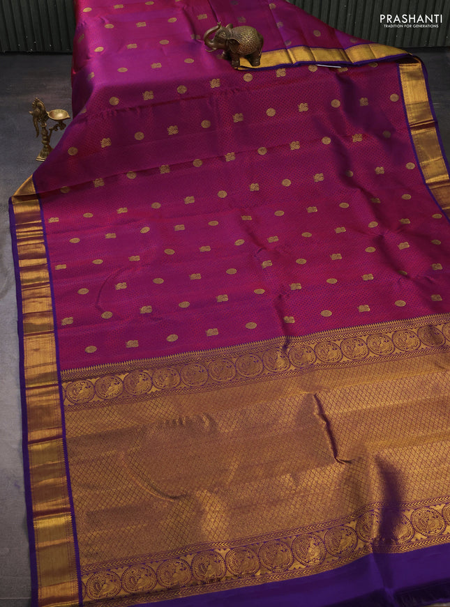 Pure kanchipuram silk saree pink and violet with allover self emboss & zari woven buttas and zari woven border