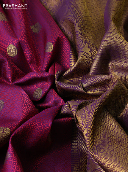 Pure kanchipuram silk saree pink and violet with allover self emboss & zari woven buttas and zari woven border