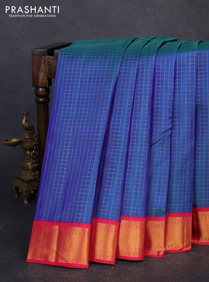 Pure kanchipuram silk saree dual shade of bluish green and red with allover small checked pattern and zari woven korvai border