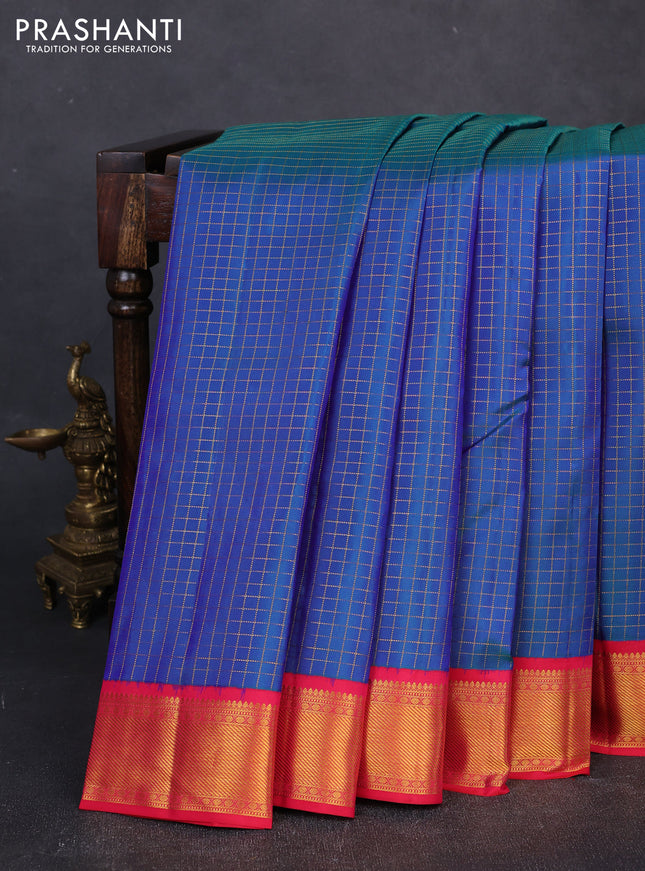 Pure kanchipuram silk saree dual shade of bluish green and red with allover small checked pattern and zari woven korvai border