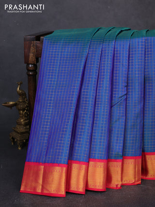 Pure kanchipuram silk saree dual shade of bluish green and red with allover small checked pattern and zari woven korvai border