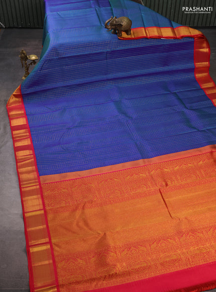 Pure kanchipuram silk saree dual shade of bluish green and red with allover small checked pattern and zari woven korvai border