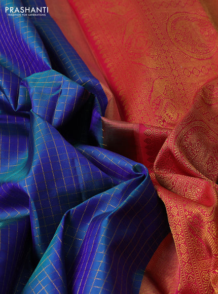 Pure kanchipuram silk saree dual shade of bluish green and red with allover small checked pattern and zari woven korvai border