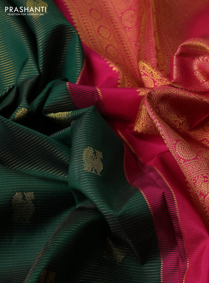 Pure kanchipuram silk saree bottle green and pink with allover vairaosi pattern & zari woven buttas and zari woven border