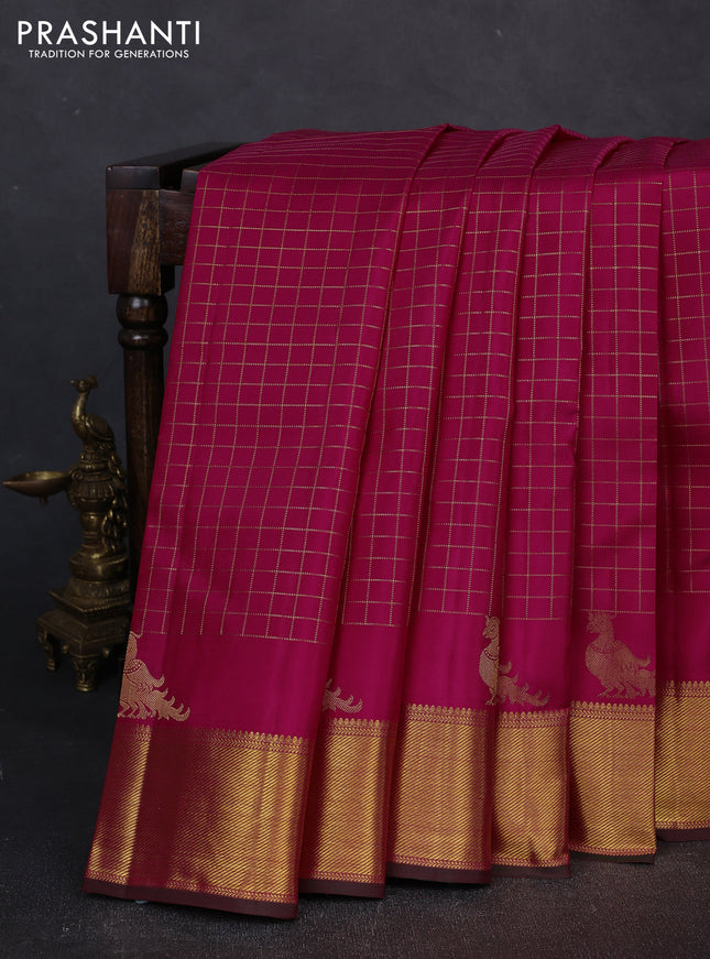 Pure kanchipuram silk saree pink and green with allover zari checked pattern and zari woven border