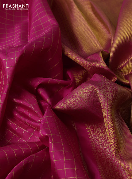 Pure kanchipuram silk saree pink and green with allover zari checked pattern and zari woven border