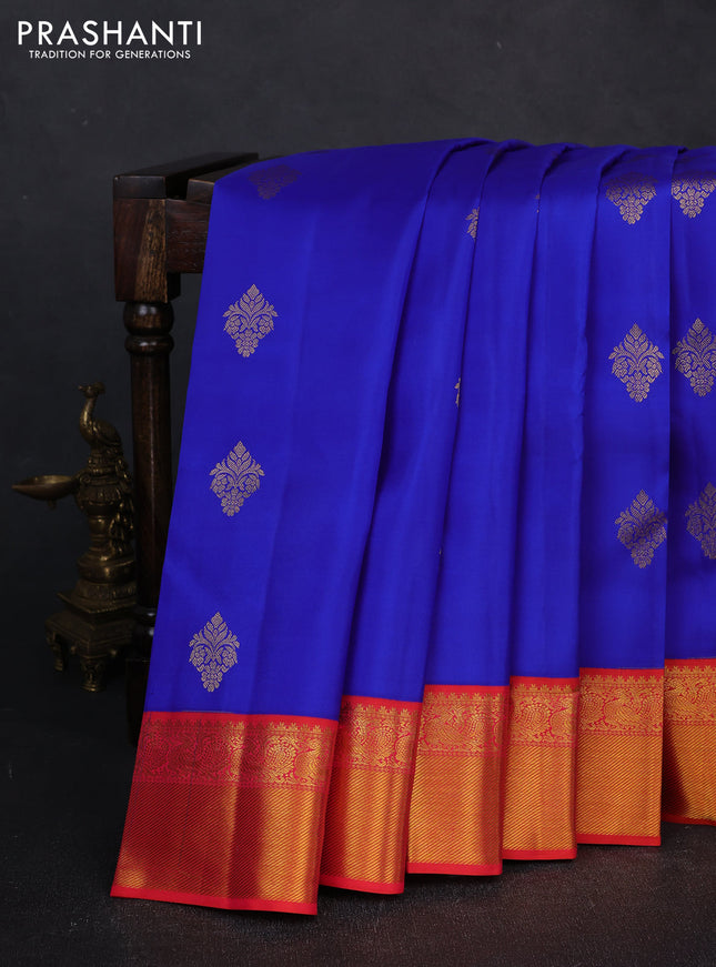 Pure kanchipuram silk saree royal blue and red with zari woven buttas and zari woven border