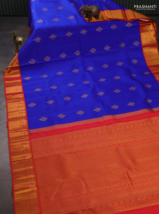 Pure kanchipuram silk saree royal blue and red with zari woven buttas and zari woven border