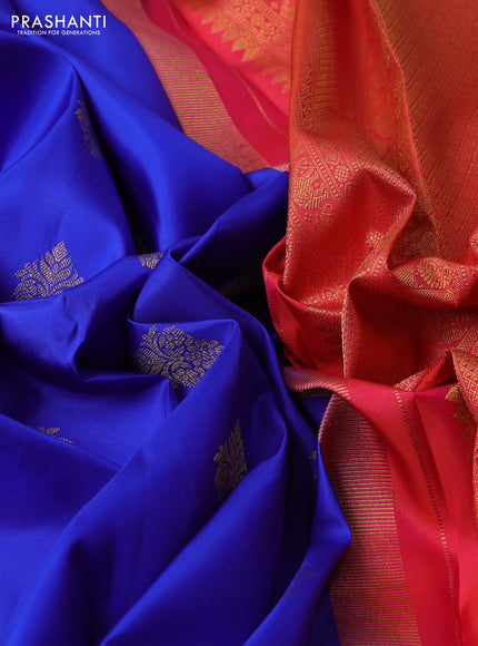 Pure kanchipuram silk saree royal blue and red with zari woven buttas and zari woven border