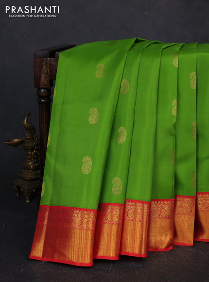 Pure kanchipuram silk saree parrot green and red with zari woven buttas and zari woven border