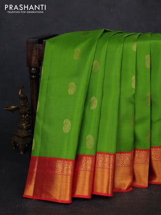 Pure kanchipuram silk saree parrot green and red with zari woven buttas and zari woven border