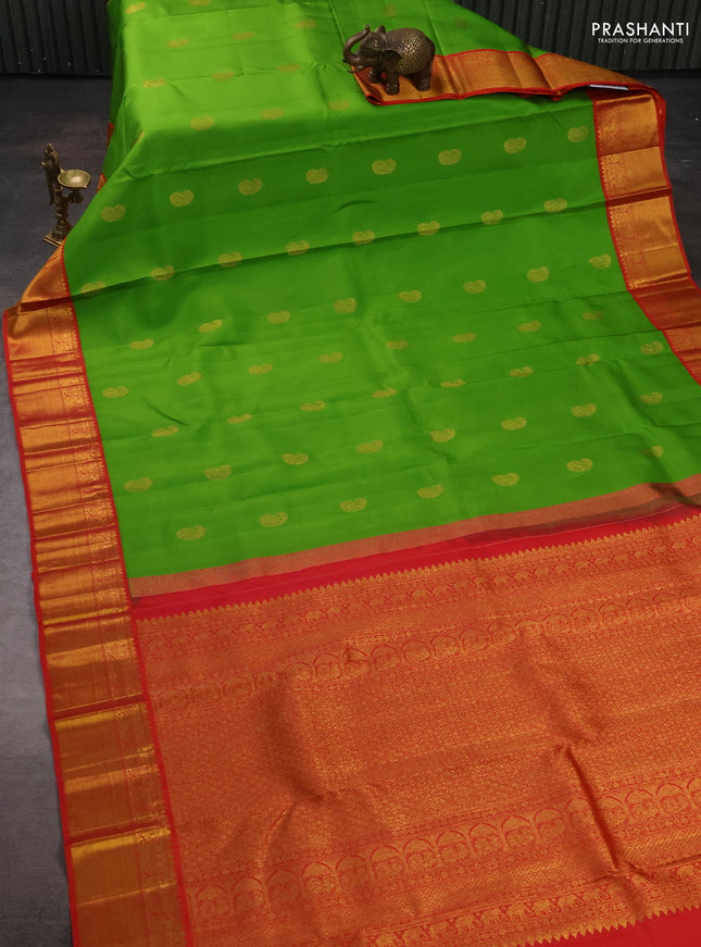 Pure kanchipuram silk saree parrot green and red with zari woven buttas and zari woven border