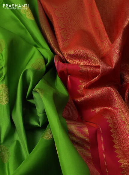 Pure kanchipuram silk saree parrot green and red with zari woven buttas and zari woven border