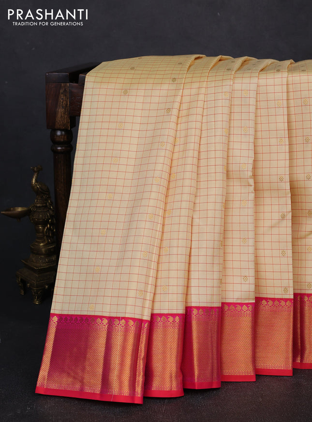 Pure kanchipuram silk saree cream and pink with allover checks & zari woven buttas and zari woven border