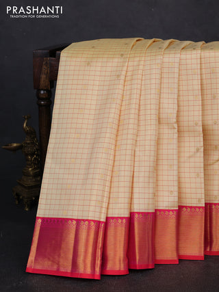 Pure kanchipuram silk saree cream and pink with allover checks & zari woven buttas and zari woven border