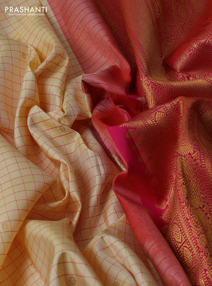 Pure kanchipuram silk saree cream and pink with allover checks & zari woven buttas and zari woven border