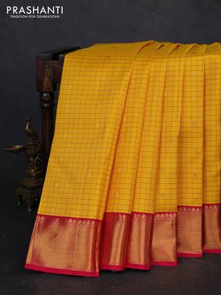 Pure kanchipuram silk saree yellow and pink with allover checks & zari woven buttas and zari woven border