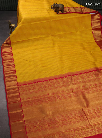 Pure kanchipuram silk saree yellow and pink with allover checks & zari woven buttas and zari woven border