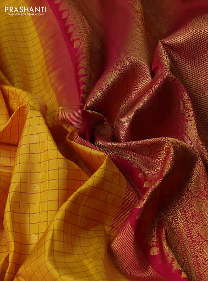 Pure kanchipuram silk saree yellow and pink with allover checks & zari woven buttas and zari woven border
