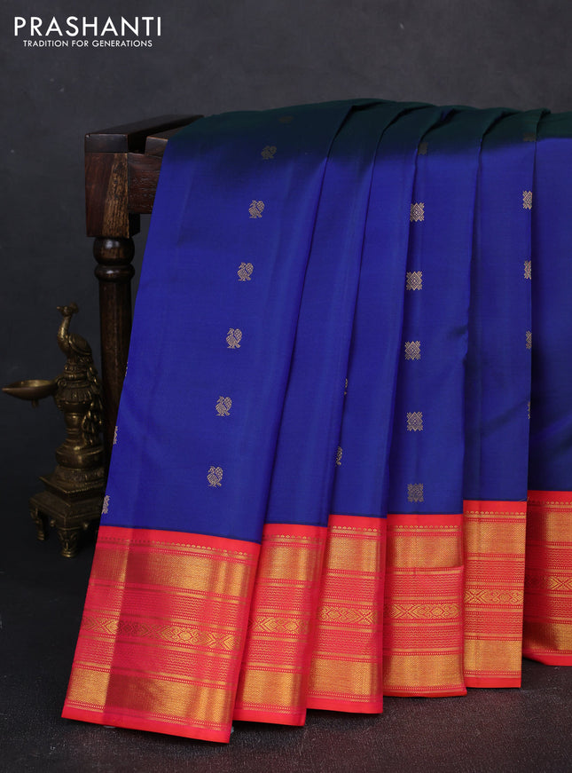 Pure kanchipuram silk saree blue and red with allover zari woven buttas and zari woven border