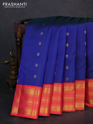 Pure kanchipuram silk saree blue and red with allover zari woven buttas and zari woven border