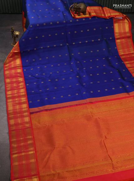 Pure kanchipuram silk saree blue and red with allover zari woven buttas and zari woven border