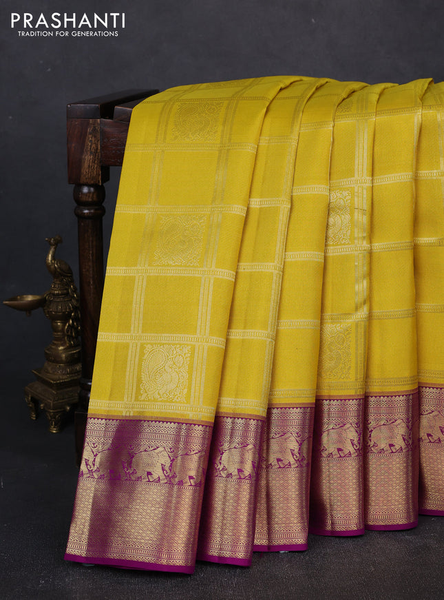 Pure kanchipuram silk saree lime yellow and purple with allover checks & buttas and zari woven border