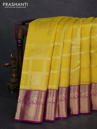 Pure kanchipuram silk saree lime yellow and purple with allover checks & buttas and zari woven border