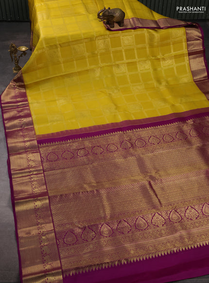 Pure kanchipuram silk saree lime yellow and purple with allover checks & buttas and zari woven border