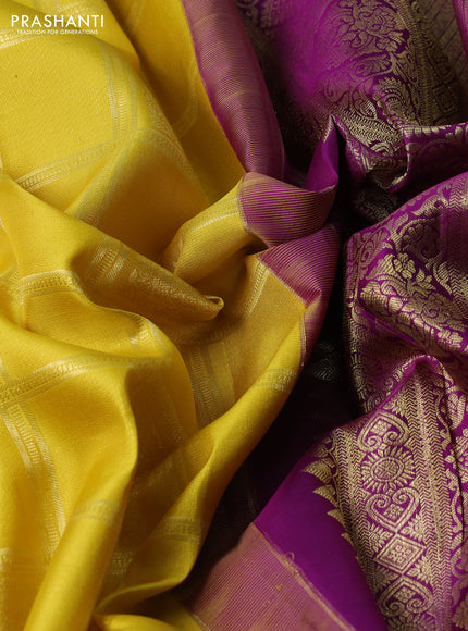 Pure kanchipuram silk saree lime yellow and purple with allover checks & buttas and zari woven border