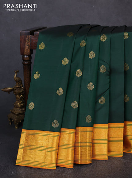 Pure kanchipuram silk saree bottle green and mustard yellow with zari woven buttas and zari woven border
