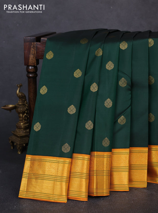 Pure kanchipuram silk saree bottle green and mustard yellow with zari woven buttas and zari woven border