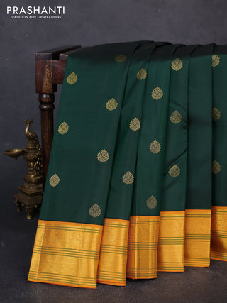 Pure kanchipuram silk saree bottle green and mustard yellow with zari woven buttas and zari woven border
