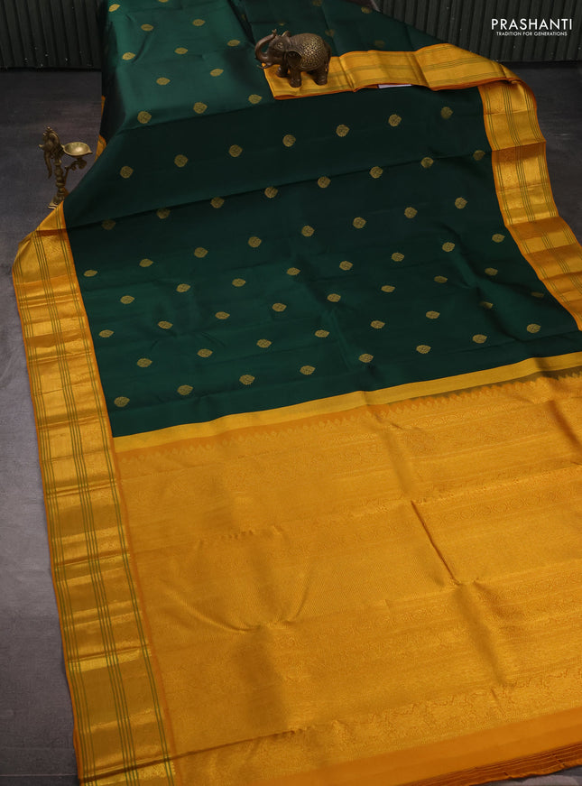 Pure kanchipuram silk saree bottle green and mustard yellow with zari woven buttas and zari woven border