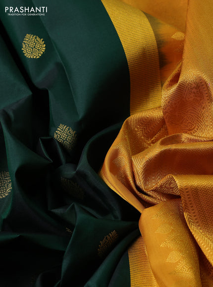 Pure kanchipuram silk saree bottle green and mustard yellow with zari woven buttas and zari woven border