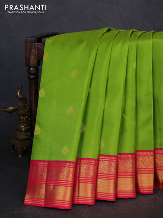 Pure kanchipuram silk saree parrot green and pink with zari woven buttas and zari woven border