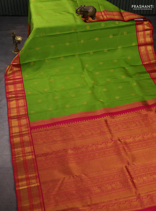 Pure kanchipuram silk saree parrot green and pink with zari woven buttas and zari woven border