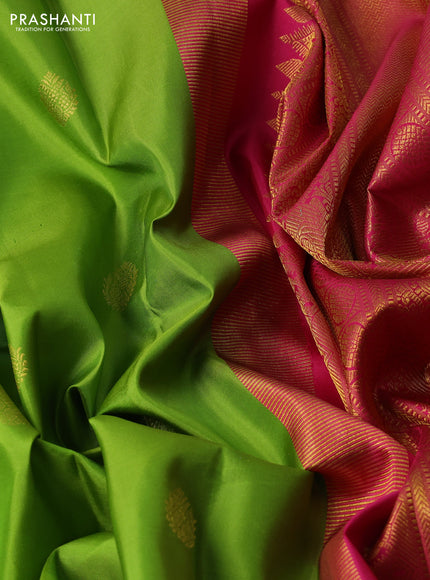 Pure kanchipuram silk saree parrot green and pink with zari woven buttas and zari woven border