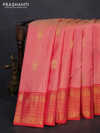 Pure kanchipuram silk saree peach shade and red with zari woven buttas and long zari woven border