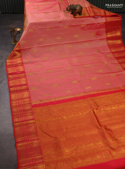 Pure kanchipuram silk saree peach shade and red with zari woven buttas and long zari woven border