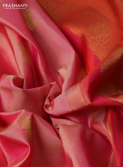 Pure kanchipuram silk saree peach shade and red with zari woven buttas and long zari woven border